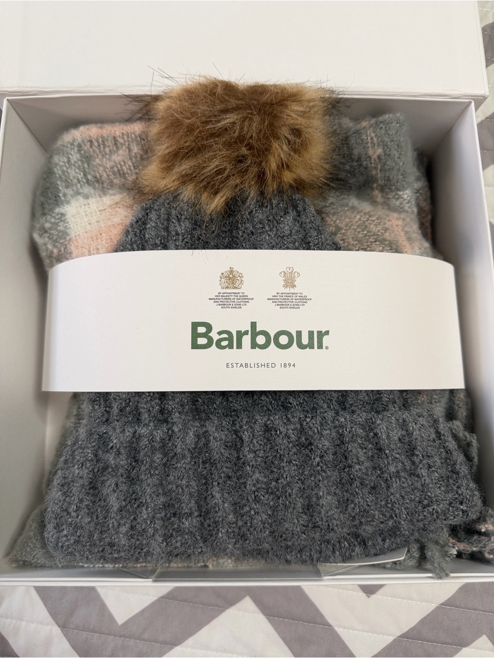 New in Box Barbour Wool Hat and Scare gray, pink and white